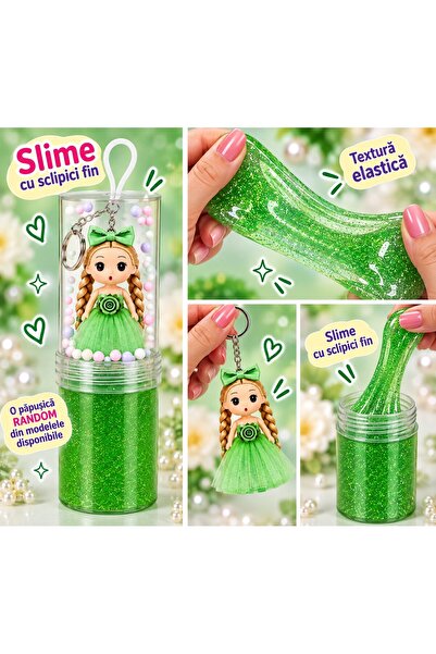 OEM Slime cu sclipici fin si papusa breloc random, set jucarie, 19 cm, verde