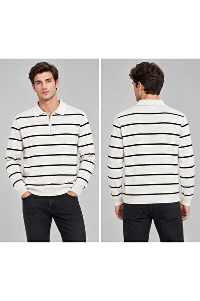 Polo Yaka Yarım Fermuarlı Çizgili Desenli Triko Sweatshirt - BEYAZ ST 508