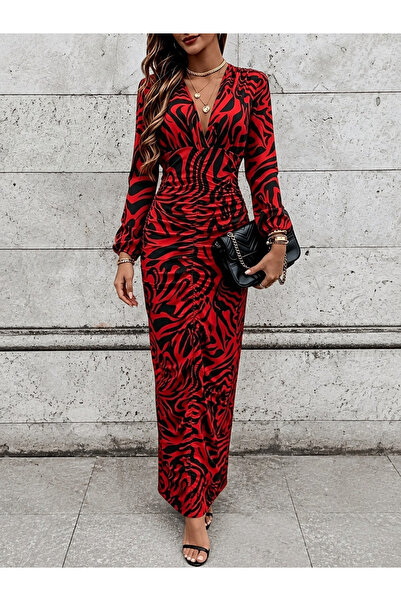 MODA ŞEHRİ Women's Long Sleeve Double Breasted Collared Waist Gathered Patter...