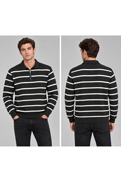 Polo Yaka Yarım Fermuarlı Çizgili Desenli Triko Sweatshirt - SİYAH ST 508