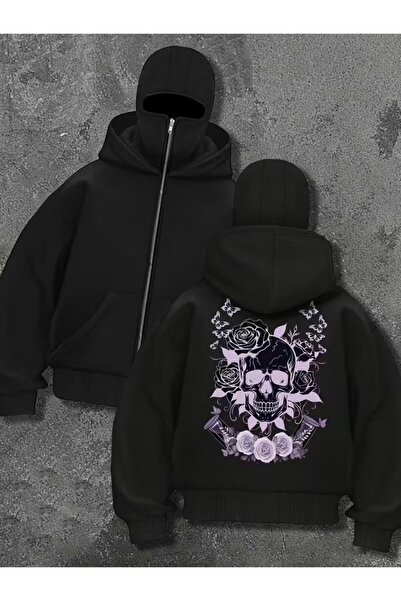 Toum Hanorac cu glugă ninja cu imprimeu Street Grunge și mască de zăpadă
