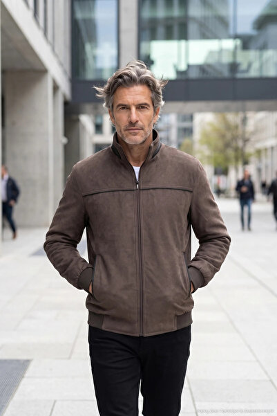Çizgi Triko Men's Winter Brown Coat with Stand Collar and Pockets, Nubuck Fab...