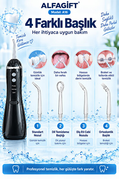 ALFAGİFT Şarjlı Kablosuz Ağız Duşu, 200 ml 4 Başlıklı 3 Modlu USB Type-C Diş Arası Temizleme Cihazı