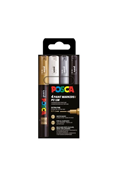 POSCA Marker PC-1M Posca, set 4 culori, 0.7 mm, varf rotund, (negru, argintiu...