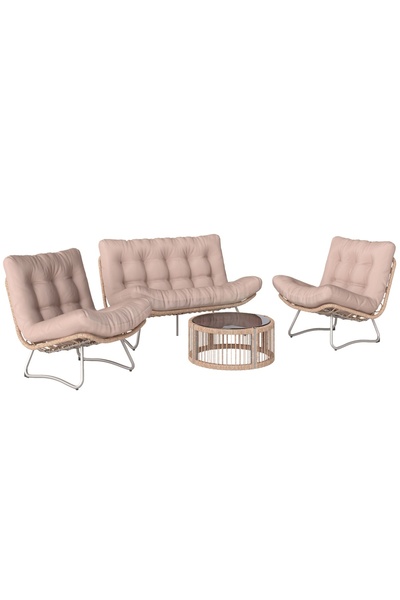 OEM Set mobilier de grădină 4 piese, ratan PE/metal/sticlă/poliester, lemn/maro