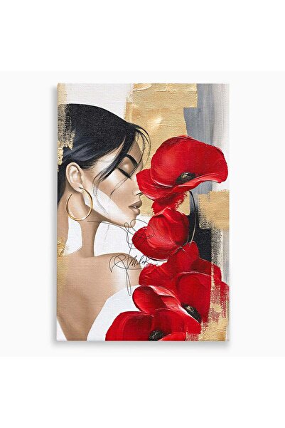 Luxcanva Tablou Canvas Femeie Cu Maci 80x120 cm pe Sasiu Lemn Podium Flori Po...