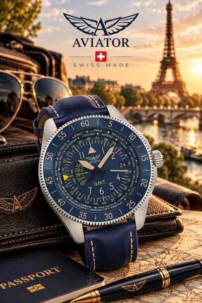 AVIATOR Aircobra Gmt V.1.37.0.304.4 Takvimli Lacivert Deri Kordon 42,8 mm Erk...