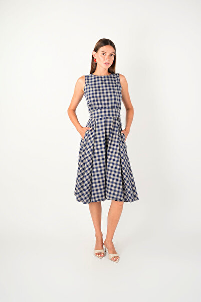 BEYBOS Checkered Fabric Midi Dress - Cream Color