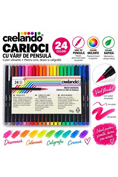 Crelando Set de 24 de carioci tip markere cu vârf de pensulă, multicolor, Bru...