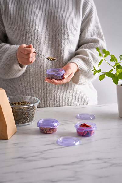 ACELEYOLLA Pruta 3-Piece Lilac Mini Storage Container Set 70 ml – Round Plastic Food Container with Lid - Microwave Safe