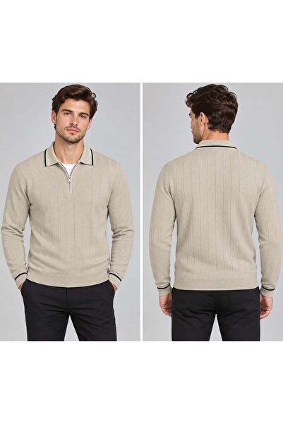 Polo Yaka Desenli Triko Sweatshirt - BEJ - ST 507