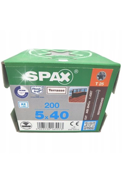 Spax Șuruburi pentru terase A2 200 bucăți TX 5.0*40MM SPAX-D T25
