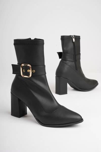 Generic Brand Women's Black Buckle-Strap 7.5 cm Thick Heeled Winter Boots Tr05Mk03A