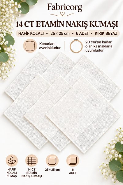 fabricorg 14 CT Etamin Pano Kumaşı – 25x25 cm 6 ADET - Kırık Beyaz