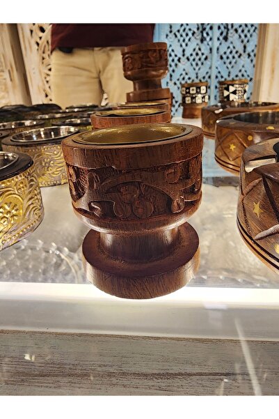 Generic Brand مبخرة خشب منحوتة يدوياً بقاعدة عالية وحوض نحاسي - مبخرة عود وبخ...