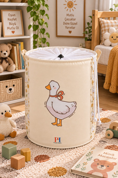 PH Prendi Home Goose Desen Fileli Çamaşır Sepeti Kulplu Pratik Banyo ve Çocuk...