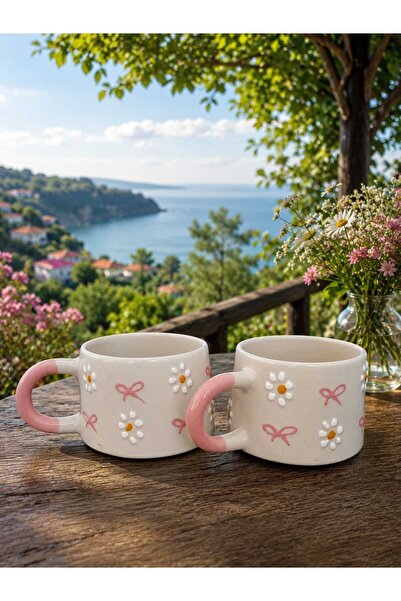 aktas seramik Pink Bow Daisy Patterned 2-Piece Ceramic Mug Cup Gift