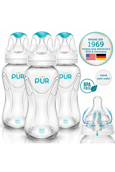 PUR Brand Σετ 3 τεμαχίων PUR ®   Μπιμπερό 250 ml, αντι-κολικά, θηλή σιλικόνης...