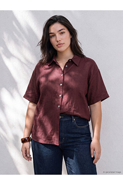 LC Waikiki Two Mt Shop Quality Lcw Petite Plum Linen Blend Women's Shirt