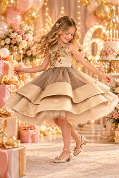 Lindissima Girl's Matte Satin Fabric, Floral Applique, Stone Detail, Tulle, Bow Evening Dress