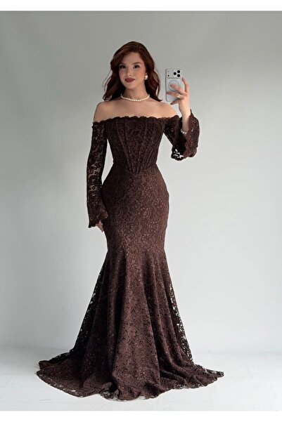ayşenur Dinçer butik Juliette Dantel Abiye Kahverengi