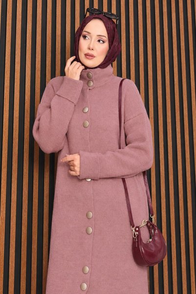 HNT Hayrunnisa Tesettür Boydan Gold Buttoned Hijab Knitwear Cardigan Dusty Ro...