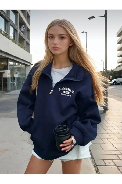 Fermuar Yaka Los Angeles Baskılı Üç Iplik Sweatshirt