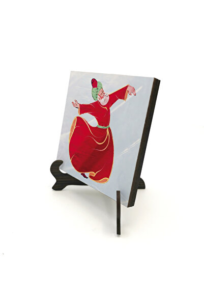 Sadrazam Red Tennureli Semazen Mevlana Drawing Printed Wooden Tabletop Decora...