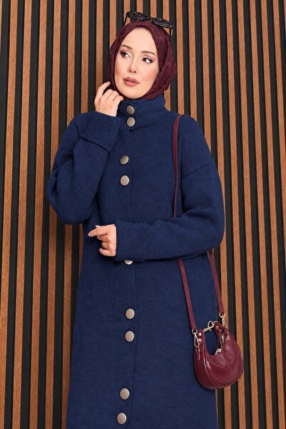 HNT Hayrunnisa Tesettür Boydan Gold Buttoned Hijab Knitwear Cardigan Indigo H...