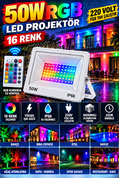 LED PAZARI 50 W RGB KUMANDALI PROJEKTÖR YÜKSEK IŞIK RENGARENK DIŞ MEKAN 16 re...