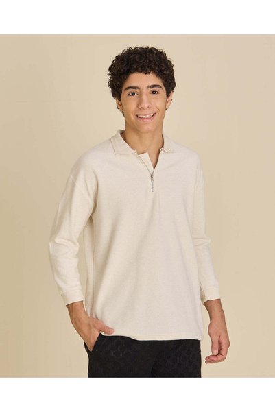 REDTAG Senior Boys Cream Ottoman Zip Neck Oversized Polo