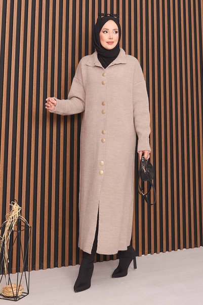 Generic Brand Boydan Gold Buttoned Hijab Knitwear Cardigan Mink Hnt2816