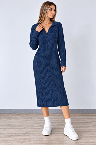 Kokosh moda Women's polo collar navy blue long sleeve midi dress