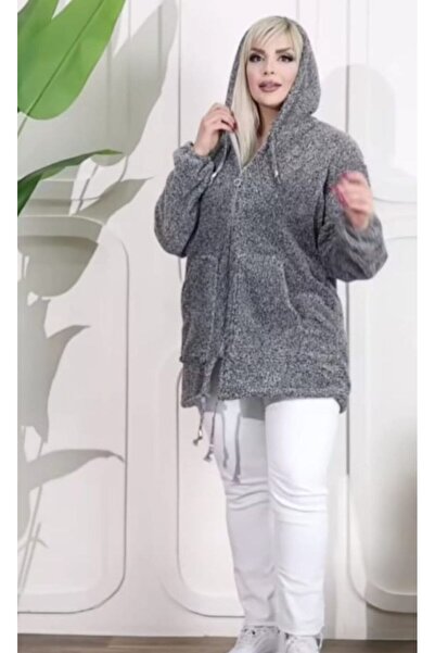 Vuslat Women's Gray Long Zippered Fleece Cardigan