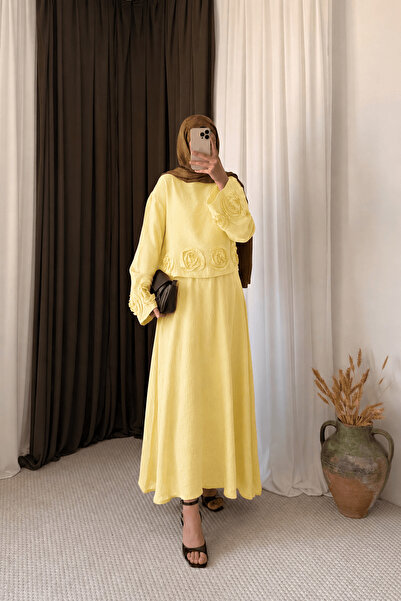 Hepsi Moda Gül Detaylı Etekli Takım - 1387 - Sarı