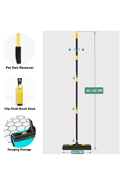 WELDUN Mătură cu racletă pentru păr de animale, peri electrostatici din cauciuc, lățime de 34 cm, cu mâner telescopic, perie de mână inclusă, pentru îndepărtarea părului de pisici și câini, utilizare în interior și exterior.