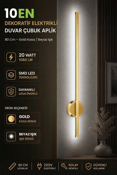10EN 80 Cm Baston Duvar Aplik 20W Gold Kasa Beyaz Işık Elektrikli Çubuk Aplik...