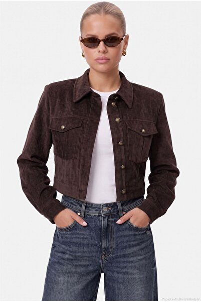 Ritnice Women's Daniel Lined Pocket Detailed Buttoned Crop Lux Brown Jacket