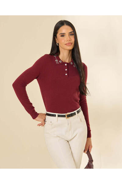 REDTAG Girls Burgundy Embellished Knitted Polo Top
