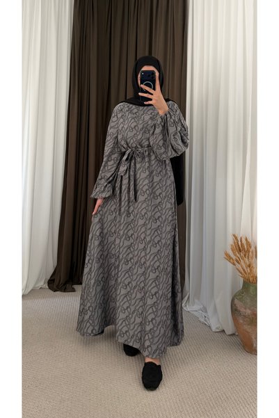 Hepsi Moda Leaf Patterned Belted Dress - 6111 - Gray - Black