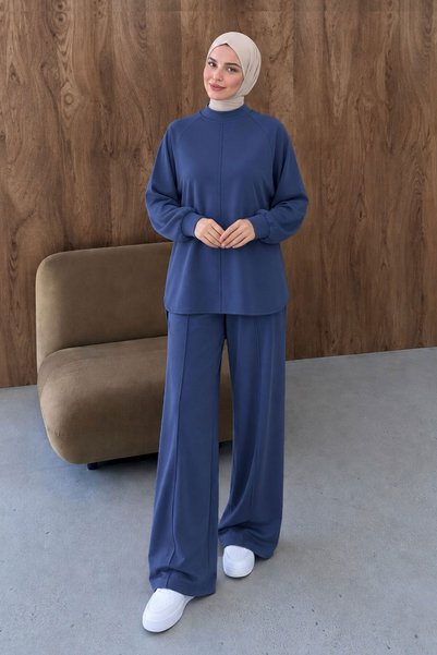 Tesettür Dünyası Grass Detailed Oysho Suit Tsd260332 Navy Blue