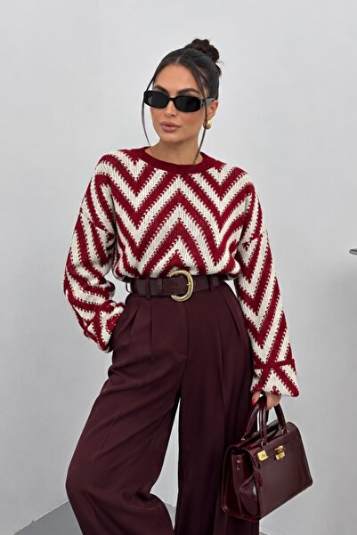 msm fashion Women's Sweater Knitted Crew Neck Drop Shoulder Zigzag Patterned ...