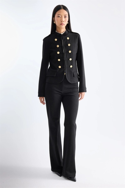 on Women's Ornamented Buttoned Flared Trousers Black