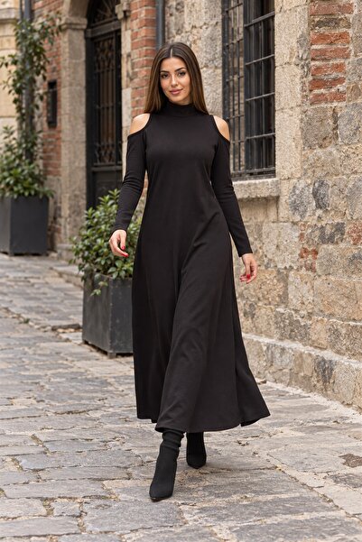 moda wanilia فستان نسائي طويل الأكمام بياقة مدورة وأكتاف مكشوفة من قماش الكري...