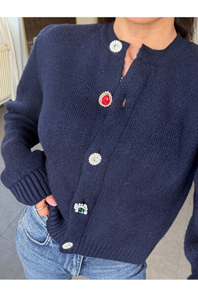 My Blog Navy Blue Gemstone Button Detailed Cardigan - 261083