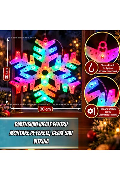 Infiniteea ™   Decorațiune luminoasă de Crăciun, figurină fulg de nea cu 50 de LED-uri multicolore, 8 moduri dinamice de iluminare festivă, alimentare sigură prin priză, ornament magic pentru fereastră, perete și living.