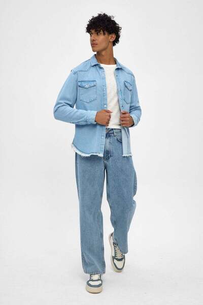 Denim Date Erkek Açık Mavi Rahat Kalıp Denim Jean Kot Gömlek Ceket