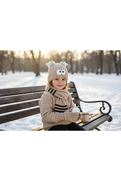 Batu Children's Scarf, Beanie and Gloves Set with Funny Figures