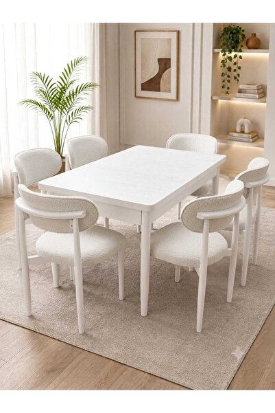 Traverten açılır kapanır modern 6-8 kişilik yemek masası takımı bej