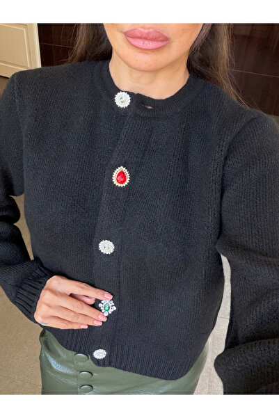 My Blog Black Gemstone Button Detailed Cardigan - 261083